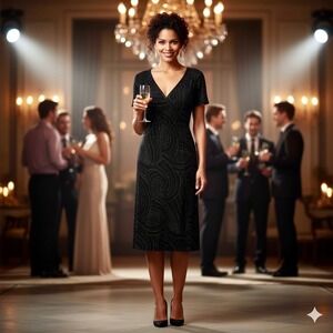 Vintage 90s Y2K En Focus Stretch Midi Dress Women 12 Black Silver Polka Dots‎